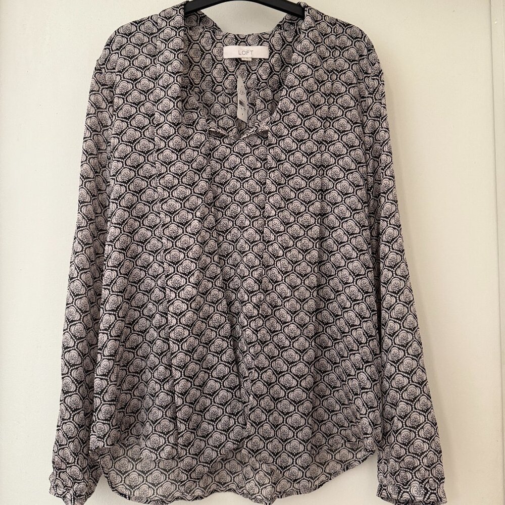 Loft Tie Neck Shirt Black Tan Gray - Size Medium